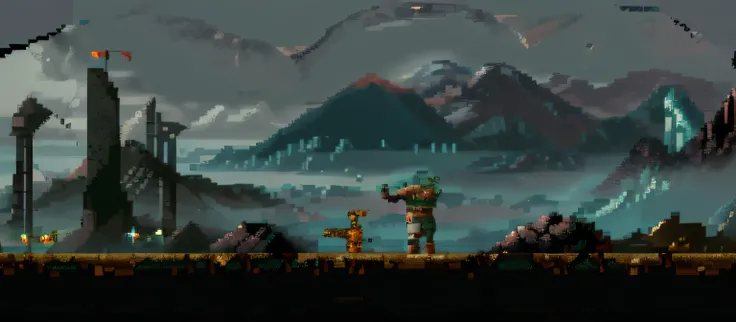 a close up of a video game with a mountain in the background, /r/pixelart, background: battle scene, ultra wide gameplay screenshot, concept pixelart, dark ruins landscape, ps1 game landscape, war landscape, battlefield landscape, videogame background, 2d ...