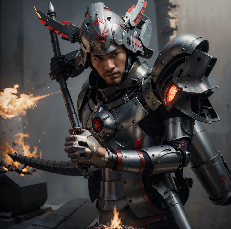 guerrero masculino volador, Cara japonesa, casco estilo samurai, Modern Japanese style cyborg full heavy metal armor, color blanco con detalles en rojo, tiene turbinas en la espalda, Las turbinas liberan fuego y humo., holds an ultra-modern Asian-style spe...