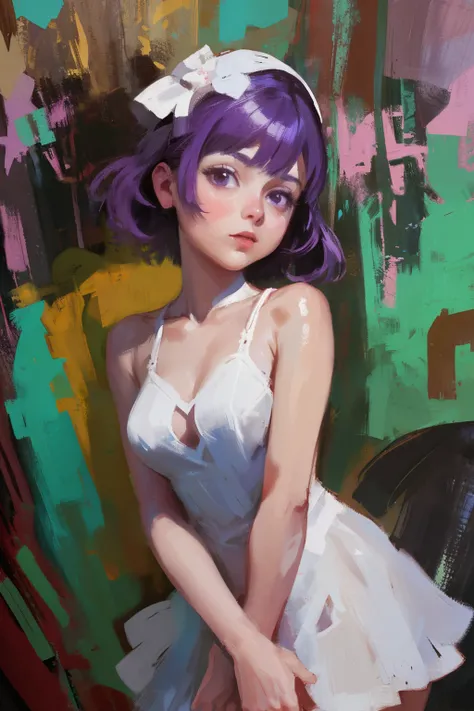 popular vtuber, vtuber, 1girl, teen girl, oil paint, what&#39;s going on in front of me?, one inarqi, purple hair, maiden dress