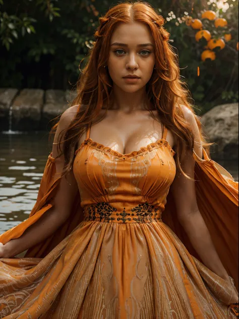 HDR 10, beautiful girl, detailed eyes, detailed lips, very long hair, orange hair, ultra detailed texture, water drops, outdoors, game of thrones, orange heavy dress, (high detailed orange dress:1.5), lace, loops, soft lighting, csitting,