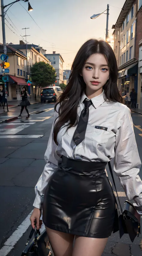 8k ultra high definition，RAW photos，A man wearing business clothes stands on the street、Beutiful women，eBlue eyes，The face  delicate，The skin  delicate and smooth，plumw），vests，short  skirt，skirt that wraps around the hips，lean legs，livestock，Tulle coat，Ath...