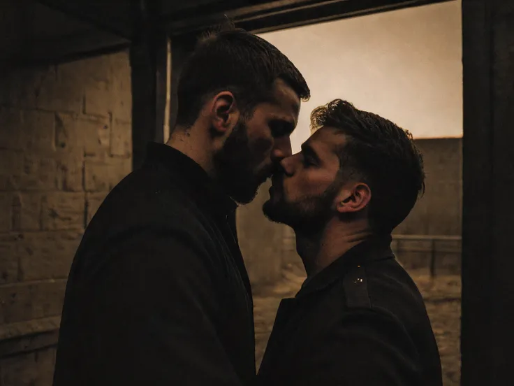 forbidden love, masterpiece, best quality, 2boys, adult males, beards, chavs, rough, dirty, Mancunian, mean, bullies, druggies, skinheads, in the neighbourhood, , soft kiss , romantic, realistic, dramatic lighting, atmospheric, intricate detail, epic shot,...