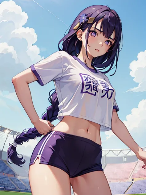 ((masterpiece)), best quality, 1girl, expressive eyes, ((perfect face)), (detailed face), (good anatomy:1.2), tired face, standing, sports uniform, short T-shirt, shorts, navel stadium, breathing, {sweat}, raiden shogun, long hair, braided ponytail, purple...