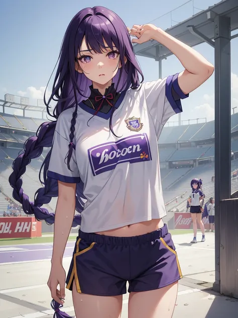 ((masterpiece)), best quality, 1girl, expressive eyes, ((perfect face)), (detailed face), (good anatomy:1.2), tired face, standing, sports uniform, short T-shirt, shorts, navel stadium, breathing, {sweat}, raiden shogun, long hair, braided ponytail, purple...