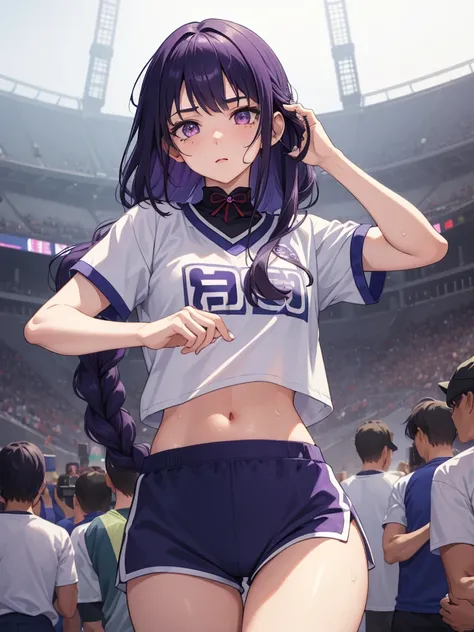 ((masterpiece)), best quality, 1girl, expressive eyes, ((perfect face)), (detailed face), (good anatomy:1.2), tired face, standing, sports uniform, short T-shirt, shorts, navel stadium, breathing, {sweat}, raiden shogun, long hair, braided ponytail, purple...