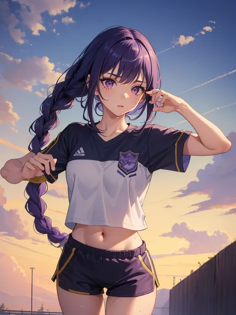 ((masterpiece)), best quality, 1girl, expressive eyes, ((perfect face)), (detailed face), (good anatomy:1.2), tired face, standing, sports uniform, short T-shirt, shorts, navel stadium, breathing, {sweat}, raiden shogun, long hair, braided ponytail, purple...