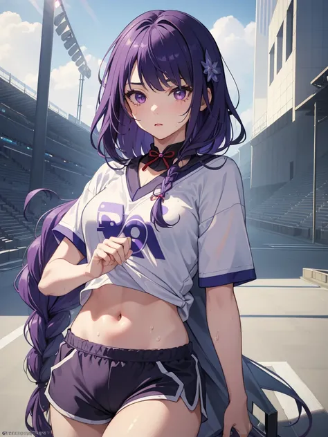 ((masterpiece)), best quality, 1girl, expressive eyes, ((perfect face)), (detailed face), (good anatomy:1.2), tired face, standing, sports uniform, short T-shirt, shorts, navel stadium, breathing, {sweat}, raiden shogun, long hair, braided ponytail, purple...