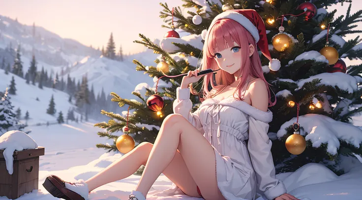 Nino Nakano sonriendo,sexy,Christmas Dress,bosque nevado,arbol de navidad