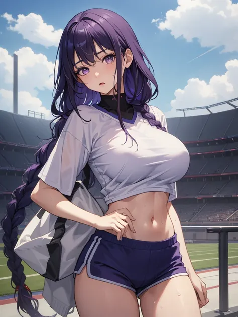 ((masterpiece)), best quality, 1girl, expressive eyes, ((perfect face)), (detailed face), (good anatomy:1.2), tired face, standing, sports uniform, huge breasts, short T-shirt, shorts, navel stadium, breathing, {sweat}, raiden shogun, long hair, braided po...