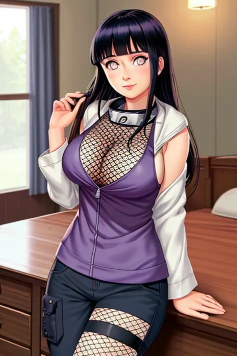 Masterpiece, highres, high Quality, detailed face, detailed body render, 1girl, solo, hyuuga hinata, hinata-sleeveless-outfit, large breasts, big breast, sleeveless shirt, fishnet top, dark lips, unzipped jacket, no bra, breasts out, nipple, standing, blus...