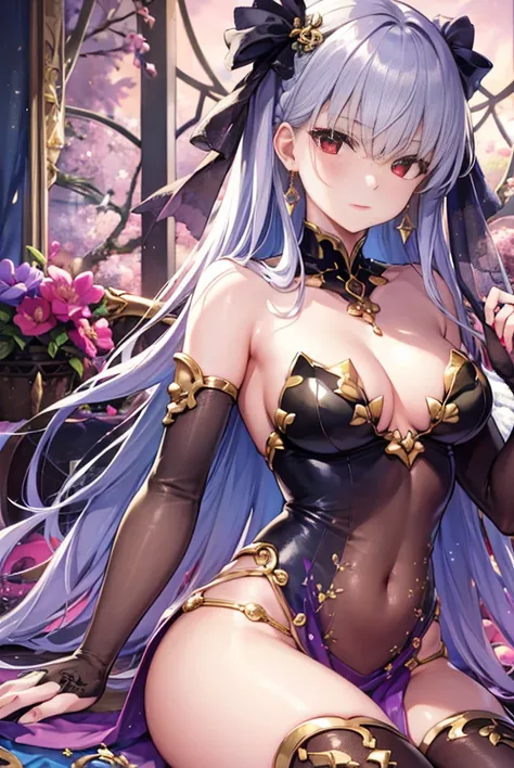 fgokama, kama, hair ribbon, (red eyes:1.5), red ribbon, ribbon, long hair, white hair,
BREAK armlet, bare shoulders, bikini armor, bracelet, collar, detached sleeves, dress, earrings, floral print, jewelry, metal collar, miniskirt, pelvic curtain, purple d...