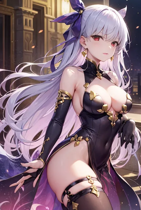 fgokama, kama, hair ribbon, (red eyes:1.5), red ribbon, ribbon, long hair, white hair,
BREAK armlet, bare shoulders, bikini armor, bracelet, collar, detached sleeves, dress, earrings, floral print, jewelry, metal collar, miniskirt, pelvic curtain, purple d...