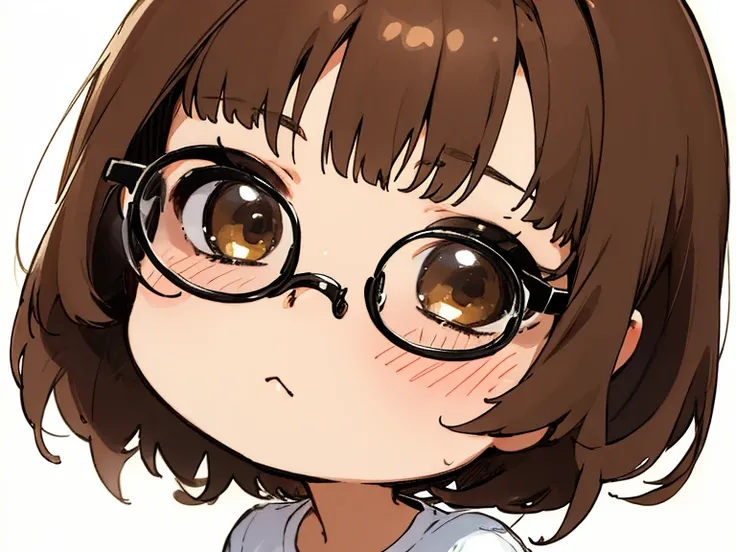 Masterpiece, Best Quality, Ultra-detailed, absurdress, 1girl, realistic dark brown eyes, glasses with lenses, medium length brown tousled hair, Short hair, 詳細な目, wide eyes, long eyelashes, looking a viewer, facing viewer, upper-body, whitebackground, refer...