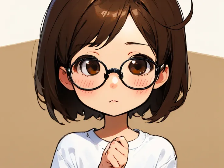 Masterpiece, Best Quality, Ultra-detailed, absurdress, 1girl, realistic dark brown eyes, glasses with lenses, medium length brown tousled hair, Short hair, 詳細な目, wide eyes, long eyelashes, looking a viewer, facing viewer, upper-body, whitebackground, refer...