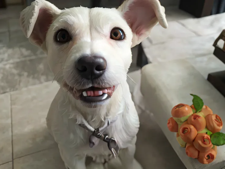 Foto de un perro blanco., with slightly protruding teeth as a characteristic, ojos color miel. Foto de pizarra muy tierna