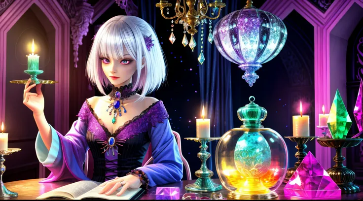 create a character in mystical costumes, platinum hair, with strong colors, in 3D, SITTING, looking straight ahead with a grayish gaze, around a table on top of a crystal ball, and several crystals with candles scattered around, her mystical environment, s...