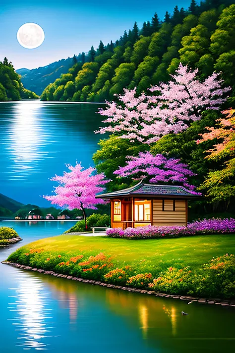 Evoke a sense of serenity with this digital painting that transports you to a moonlit lakeside paradise. Beneath the shimmering night sky, a cherry blossom tree graces the scene while small houses line the waters edge, creating a picturesque and calming vi...