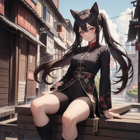 hutao_genshin, black shortlower, very long hair, long hair, twintails, brown hair, shoes, red eyes, black footwear, ((cowboy shot)), hair between eyes, sidelocks, symbol-shaped pupils, solo, short shorts, shorts, chinese clothes, :P , socks, kneehighs, whi...