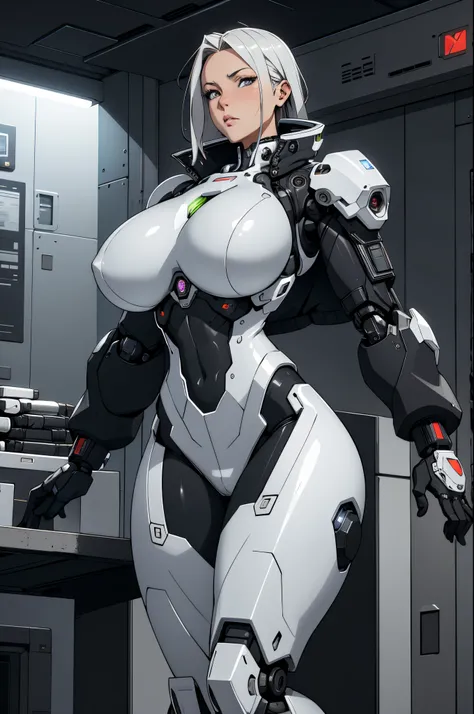 Cyberpunk, (Best Quality, masutepiece),white,1woman,(huge breasts:1.3),Mechanical Marvel,Robotic presence,Cybernetic Guardian,wearing a cybernetic jacket,city, highest quality digital art, stunning art, Wallpaper 4k, Highly detailed, Military Robots,army, ...