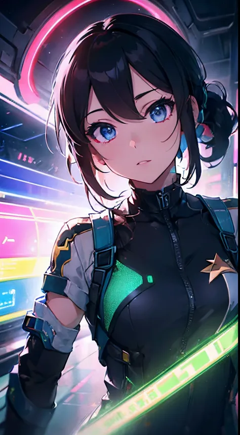 danheng honkai star rail, face, beautiful detailed eyes, detailed lips, futuristic landscape in neon colors, holographic project...