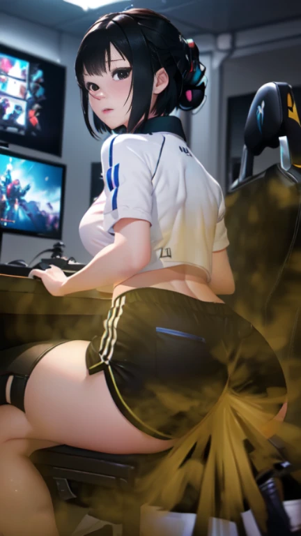 ((velocity)),Attacked by farts, (((Women farting))),(girl farting while seat on seat and holding his stomach)),frowned,sharp eyes,blushing,velocity,(a female pro player), (wearing a e-sport jersey and shorts),(tighhighig butt),(sit facing the screen),(her ...