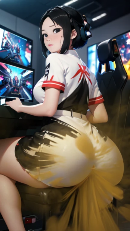 ((velocity)),Attacked by farts, (((Women farting))),(girl farting while seat on seat and playing game on smartphone)),frowned,sharp eyes,blushing,velocity,(a female pro player), (wearing a e-sport jersey and dress),(tighhighig butt),(sit facing the screen)...