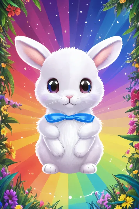 ((melhor qualidade)), ((master part)), (circunstanciado), rosto perfeito, Draw a cute white rabbit with plush ears and curious eyes wearing a small blue t-shirt looking at the sun rays and floral scents in the Bunny Forest, floresta colorida, fantasia, peq...