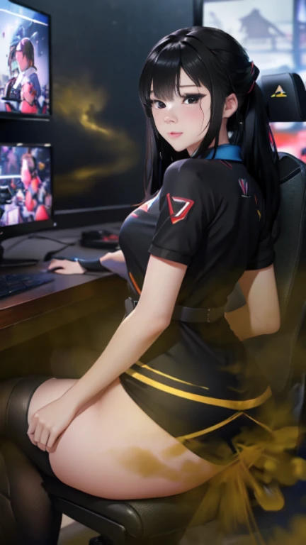 ((velocity)),Attacked by farts, (((Women farting))),(girl farting while seat on seat and playing game on smartphone)),frowned,sharp eyes,blushing,velocity,(a female pro player), (wearing a e-sport jersey and dress),(thigh high),(sit facing the screen),(her...