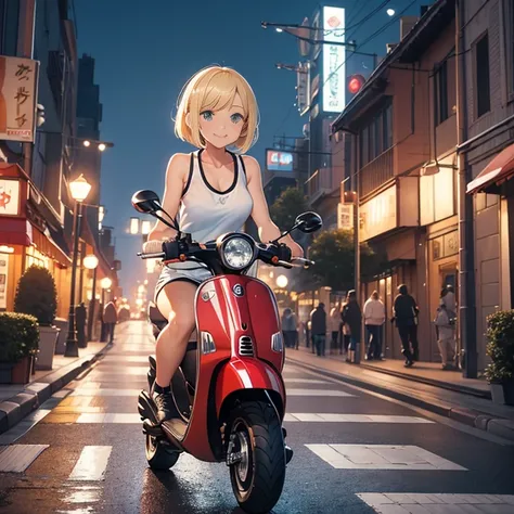 {{masterpiece, best quality, extremely detailed CG, unity 8k wallpaper, cinematic lighting}}, The cityscape along Yokohama Port, a beautiful girl riding a VESPA (scooter), 1Girl, The protagonist  a stunning upper body girl, blonde short bob , smile, wearin...