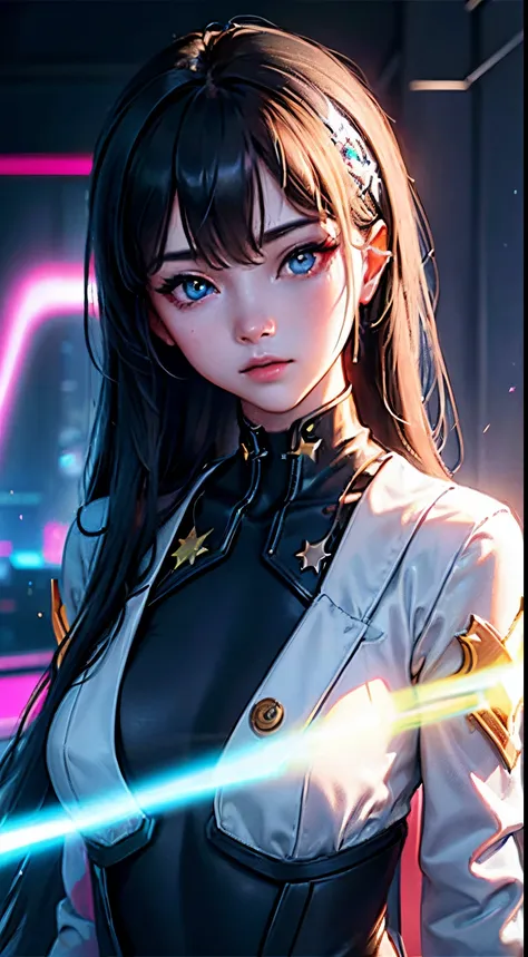 danheng honkai star rail, face, beautiful detailed eyes, detailed lips, futuristic landscape in neon colors, holographic project...