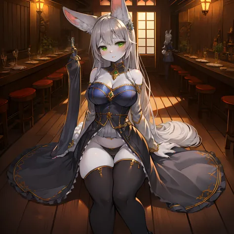 masterpiece, solo, 1girl, Furry, kemono, furry bunny, anthropomorphic, female, green eyes, (silver fur, silver skin), sexy clothes, fantasy clothes, fantasy tavern, uploaded on e621,