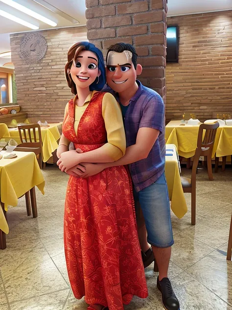 Disney Pixar style poster of a couple in a restaurant.