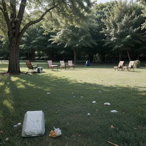 Green space with alot of chairs and trash on the ground for an eco event