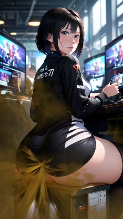 ((velocity)),Attacked by farts, (((Women farting))),(girl farting while seat on seat and playing game on smartphone)),frowned,sharp eyes,blushing,velocity,(a female pro player), (wearing a e-sport jersey and dress),(thigh high),(sit facing the screen),(her...