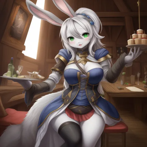 masterpiece, solo, 1girl, Furry, kemono, furry bunny, anthropomorphic, female, green eyes, (silver fur, silver skin), sexy clothes, fantasy clothes, fantasy tavern, uploaded on e621,