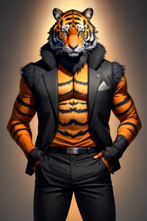 Anthropomorphic furry Malaya Tiger (high quality) (ultra details) looking at the viewer with black pants and dark jacket with red details Young man