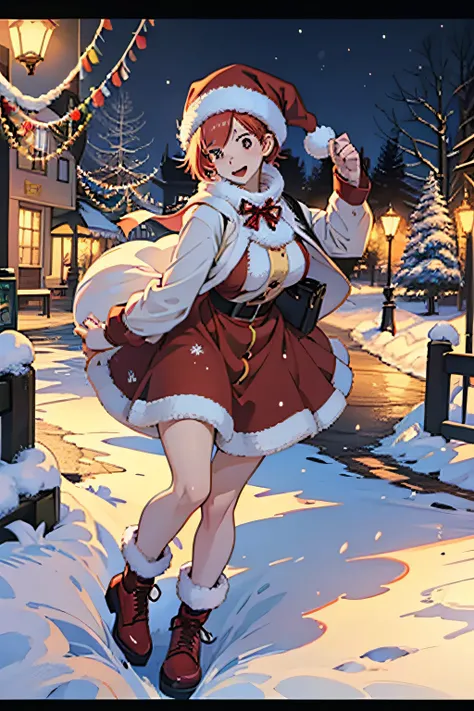 "cute girl santa claus, Red shoes, Illustrations, Ultra-detailed, hightquality (Best Quality, 4K, 8K, hight resolution, masutepiece:1.2), Portrait, Vivid colors, Warm tones, Realistic (Photorealsitic:1.37), Festive atmosphere, jingle bell, Yuki, Cozy winte...