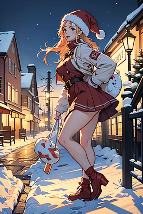 "cute girl santa claus, Red shoes, Illustrations, Ultra-detailed, hightquality (Best Quality, 4K, 8K, hight resolution, masutepiece:1.2), Portrait, Vivid colors, Warm tones, Realistic (Photorealsitic:1.37), Festive atmosphere, jingle bell, Yuki, Cozy winte...