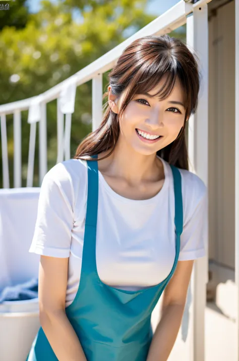 Highest resolution, 4K, Masterpiece: 1.3), A Japanese milf, photo of one lady, Sexy: 1.1, fine eyes, Slender figure, Realistic teeth, double eyelids, smile, full body, best quality, detailed, beauty, a married woman, hang the laundry out to dry, at the bal...