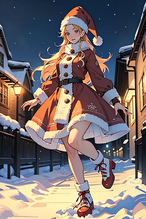 "cute girl santa claus, Red shoes, Illustrations, Ultra-detailed, hightquality (Best Quality, 4K, 8K, hight resolution, masutepiece:1.2), Portrait, Vivid colors, Warm tones, Realistic (Photorealsitic:1.37), Festive atmosphere, jingle bell, Yuki, Cozy winte...