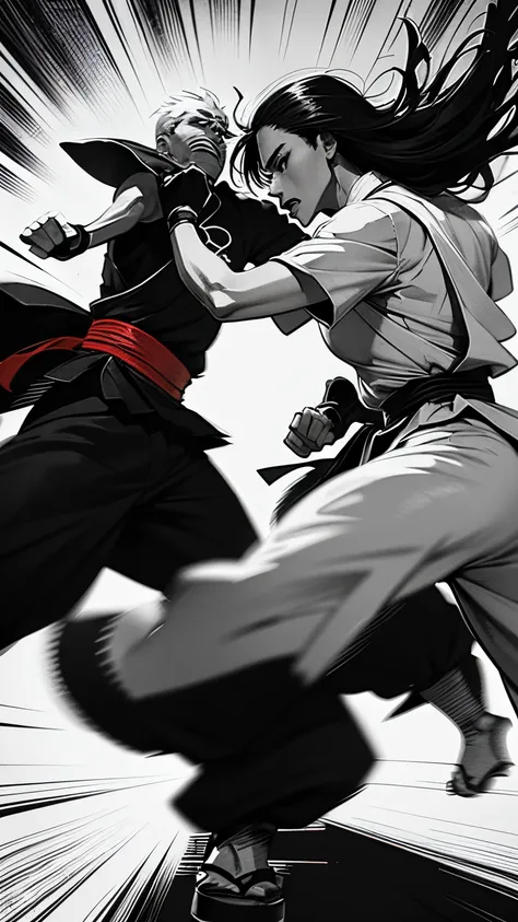 comic illustration ,japan comic style,black white,yogyakarta warior silat fight with old warior silat,image of double punches, s...