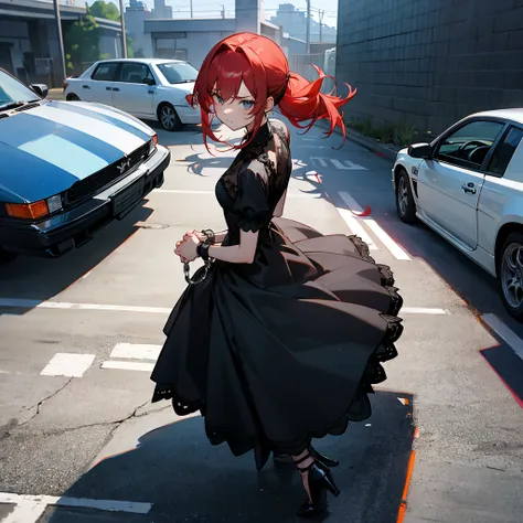 Red-haired Girl with two ponytails in a black lace micro-dress with a deep neckline, wear lace stockings and high heels, I’m standing next to a white car with my back to the observer., remand, handcuffed, full scene shot, in front of a garage, the anime, f...