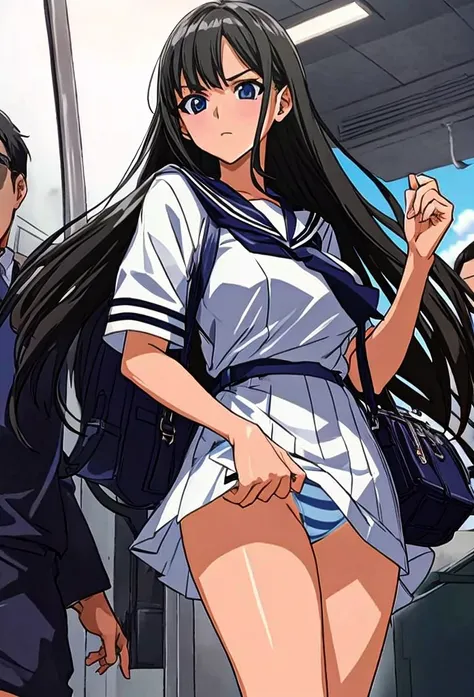 On a crowded train, a beautiful woman with long black hair, big breasts, beautiful legs, and a sailor uniform in a white miniskirt is wearing light blue and blue striped panties.々He stands there and glares at a middle-aged office worker.。