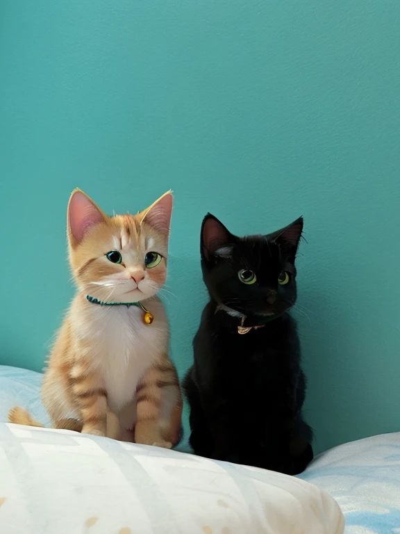 Disney Pixar cartoon style, Two kittens side by side, orange/blond kitten with big round yellow eyes on left wearing blue collar with a gold bell on it, black kitten with big round dark green eyes on right wearing blue collar with a silver bell on it