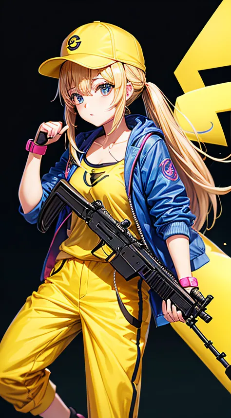 {an anime style girl with ak77 in hand with yellow clothes and pikachu style cap}, {no background}, {png image}