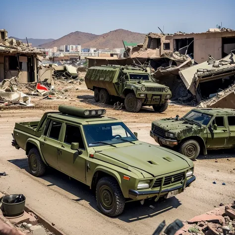 Photorealsitic、(A fusion of military vehicles and armed sports cars)、ruined and devastated city、