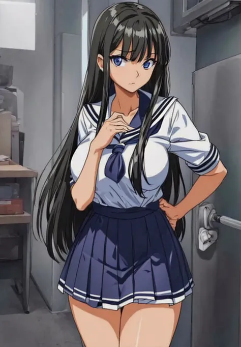 A beautiful woman with long black hair, big breasts, beautiful legs, and a sailor uniform in a white miniskirt wears light blue and blue striped panties.々He stands there and glares at the middle-aged office worker behind him.。