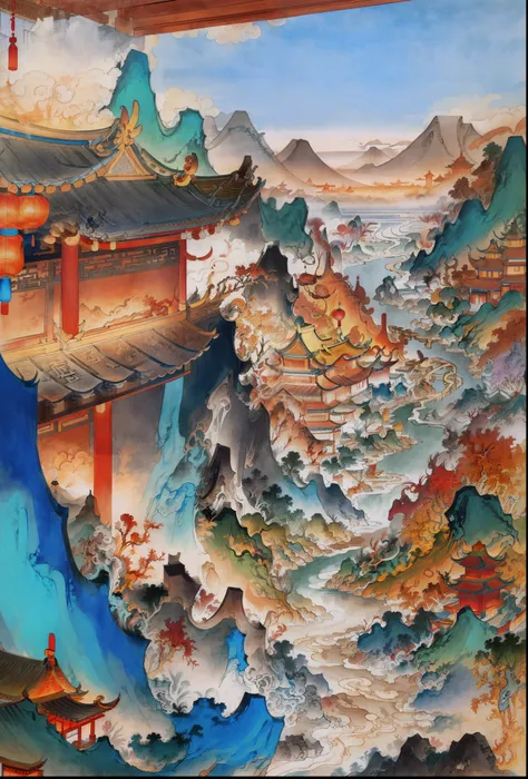 Ancient Chinese landscapes, ancient buildings, pavilions, carved beams and painted buildings, beautiful mountains and rivers, inspired by Jin Yong martial arts, sunlight, ink painting style, clean colors, decisive cutting, blank space, freehand, masterpiec...