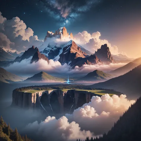 planète avec Montagnes et lac Magic Valley, Planètes、intergalactique、nuage、Et une rivière et un ciel magnifique, Un hyper-réaliste, 4K, image net , Brillant, magnifique, beau, 8k, ULTRAHD , sunset , ocean deau , ultra réaliste , soleil , mise au point net ...