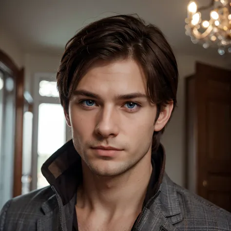 Handsome russian man with dark brown hair, blue eyes, and pale skin